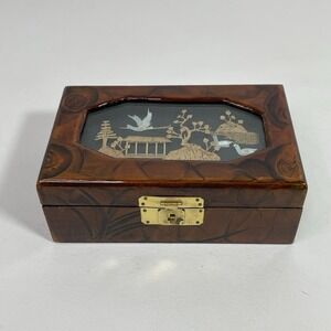 VTG Carved Crane Glazed Wooden Jewelry Trinket Box Red Lining Republic of China